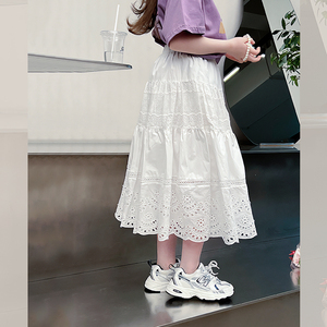 纯棉女童蕾丝拼接白裙子儿童洋气长裙大童装半身裙2024夏装新款