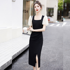 法式时尚修身显瘦欧根纱泡泡袖拼接黑色连衣裙2024新款裙子女夏季