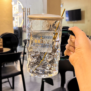 简约玻璃杯带盖不规则杯子带把手家用大容量水杯男生办公室咖啡杯