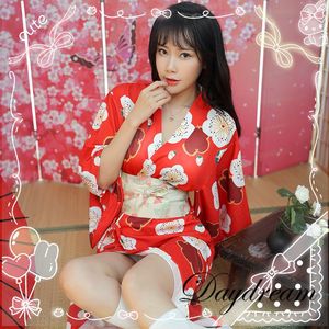 日系少女长款羽织花朵印花红色和服性感内衣游戏制服套装