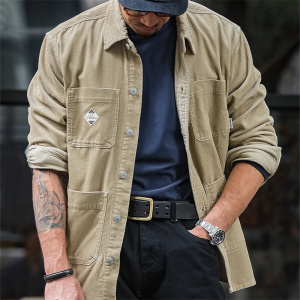 马登工装美式复古灯芯绒多口袋衬衫叠穿条绒抗皱硬汉寸衣外套男秋