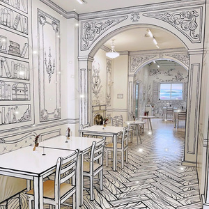 黑白漫画二次元餐厅墙纸网红自拍换装馆装饰背景奶茶剧本杀店壁纸