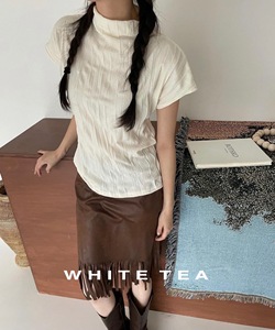 盐白茶/韩国代购 复古显瘦中高领小飞袖风琴褶短袖修身上衣T恤