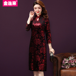 2018新款秋冬季金丝绒改良旗袍中国风中年婚礼妈妈装喜婆婆礼服女