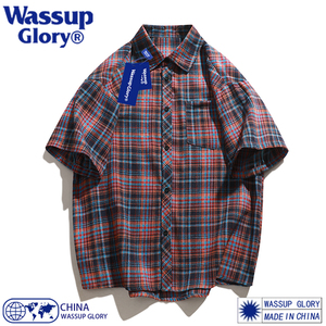 WASSUP GLORY紫色格子短袖衬衫男夏季宽松休闲外套2024新款衬衣服