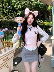 韩式jk制服学院风套装女浅粉色针织马甲长袖衬衫甜辣妹包臀裙三件
