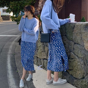 韩国东大门代购夏 aloha蓝色碎花印花 松紧腰雪纺开叉半身裙 短裙