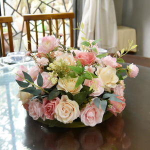 高档酒店大圆桌转盘中间摆花装饰摆件桌花圆形餐桌绢花包厢摆台花