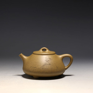 明理茶艺 宜兴紫砂 名家高工 王翔 精刻段泥石瓢250cc 茶壶