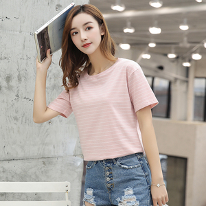 全棉短袖夏衣女装t恤土小衫丅血体桖裇休闲条纹女衣服百搭中学生
