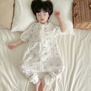 男童短袖睡袋夏季薄款女童连体睡衣空调服婴幼儿宝宝纯棉双层纱布
