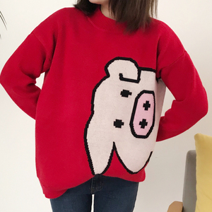 新年红色猪猪毛衣女本命年小猪图案春秋圆领针织衫情