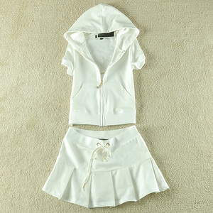 纯色短袖短裙运动套装活力连帽开衫白色百褶裙网球裙运动服女夏季