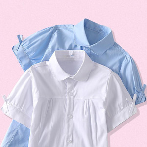 女童白衬衫短袖夏季棉儿童白色衬衣小学生中大童校服洋气表演服