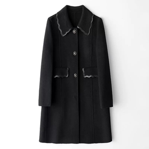 高端精品10羊绒90羊毛绵羊皮花边领羊绒大衣女双面毛呢外套