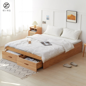 无床头抽屉气压床北美红橡木榻榻米床简约现代实木双人储物床定制