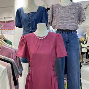 003人付款淘宝kapok女装2022夏季新款温柔气质圆领纯色收腰显瘦短袖