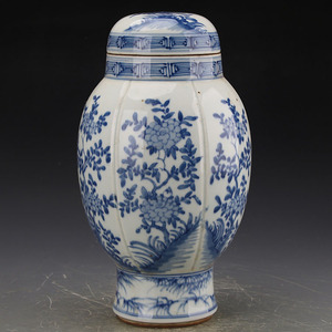 康熙青花瓷器瓜棱花卉纹将盖罐仿古精品收藏景德镇古董古玩摆件