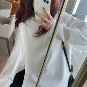 来来llai 白色纯棉宽松叠穿单开衩打底衫女落肩袖内搭圆领t恤上衣