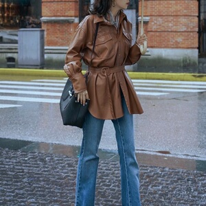 三木同款皮衣欧美风pu新款女装春秋中长款配腰带外套自营店三木呢