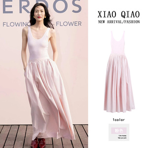 刘雯同款针织拼接长款背心裙子高级感法式复古气质粉色连衣裙女夏