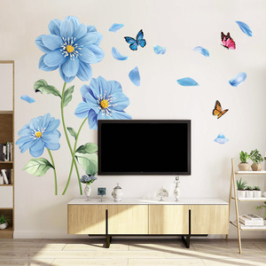 蓝色花朵装饰客厅背景墙贴纸温馨卧室电视墙上自粘墙画3d立体贴画