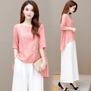 时尚棉麻套装女夏季2022年新款韩版宽松大码短袖阔腿裤亚麻两件套