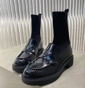 正品prada/普拉达袜子靴三角标logo厚底乐福鞋针织拼接牛皮女靴