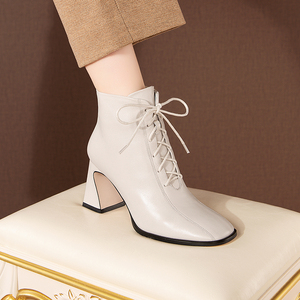 花卉bailie百丽官网女鞋马丁靴2020年秋冬新款高跟方头绑带复古