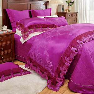 紫色豪华高档蕾丝边四件套床上用品样板房间全棉贡缎提花套件家纺