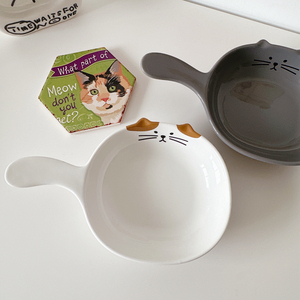 韩国ins猫咪陶瓷带把手柄盘子家用餐盘碗焗饭烤盘水果零食小菜碗