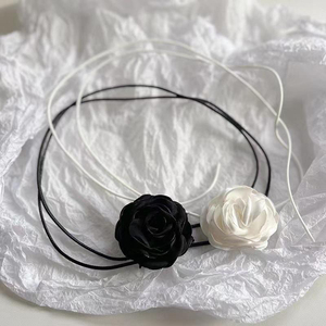 玫瑰花颈带腰带女黑白花朵性感法式小香风氛围感百搭上衣裙子绑带