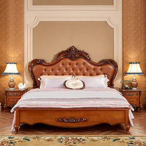 欧式床真皮床深色全实木床双人1.8米复古雕花皮靠软靠美式乡村床