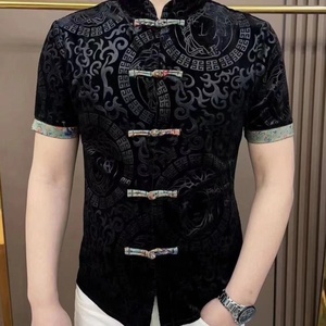 男士夏季金丝绒盘扣透气短袖高级感时尚复古中国风唐装T恤衫潮男
