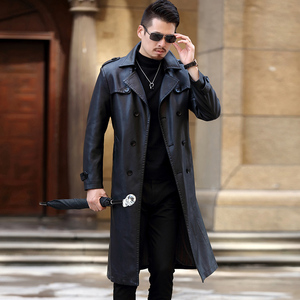 皮风衣男长款过膝修身西装领皮衣外套海宁秋冬加大码骑车真皮大衣