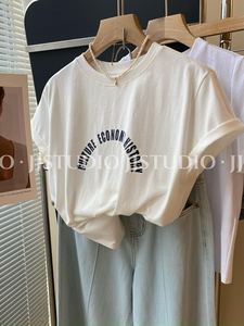 简约风！韩国东大门气质圆领时髦宽松短袖正肩字母T恤女2024夏季