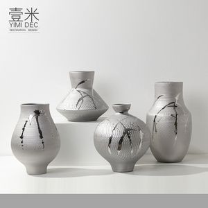 现代新中式描银陶瓷花瓶花器摆件样板房客厅茶室书房书柜软装饰品