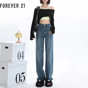 Forever 21窄版阔腿牛仔裤女2024年春装新款高腰宽松直筒拖地裤子