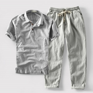 夏季男士套装亚麻裤休闲短袖衬衫日系水洗透气棉麻长裤两件组合装