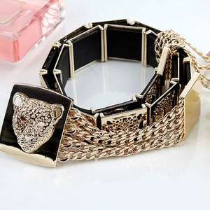 欧美时尚奢华洋气豹子头金属腰环 pu皮腰带 老虎头腰链女