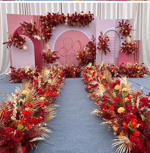 婚庆排花舞台t台路引花中式婚礼现场布置花排酒店装饰红金色花艺
