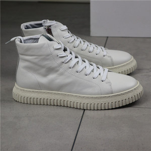 简约舒适全黑色高帮板鞋 软底软牛皮拉链球鞋休闲鞋透气男鞋短靴