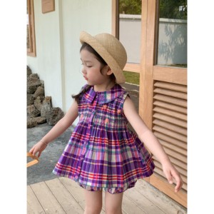 SonnyKids 女童夏季无袖上衣面包裤紫色刺绣格子套装吊带背心套装