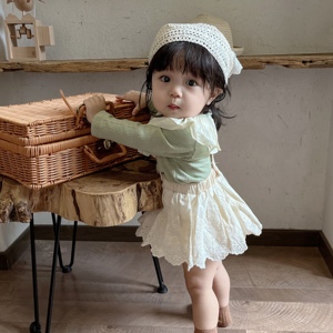 韩版ins风婴幼儿秋装女宝宝荷叶领长袖T恤上衣蕾丝花边背带裤套装