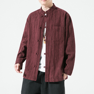 中式长袖衬衫男酒红棉麻疙瘩扣唐装打底衬衣内搭中青年休闲小褂