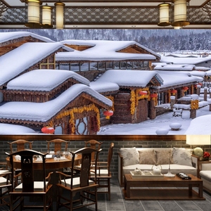 东北雪景墙纸复古风格装饰背景墙壁纸雪乡饺子馆铁锅炖土菜馆壁画