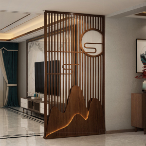 新中式实木屏风隔断玄关客厅入户分隔座屏办公室酒店遮挡镂空纱屏