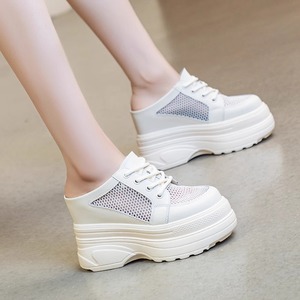 韩国真皮包头半拖鞋女2024新款春季厚底内增高超高跟网面透气外穿