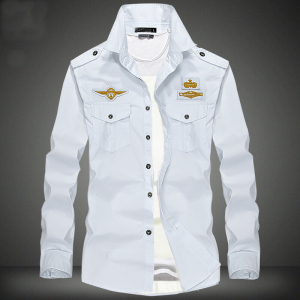 刺绣徽章空军男士衬衫长袖休闲大码军装青年工装衬衣户外快干衣服