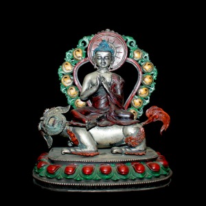 【大日如来】狮子吼如来 尼泊尔老佛像 紫铜鎏银 彩绘